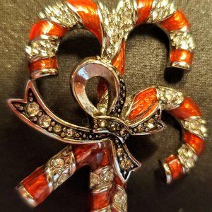 Vintage Monet Brooch - Enamel and Rhinestone Triple Candy Cane with Bow
